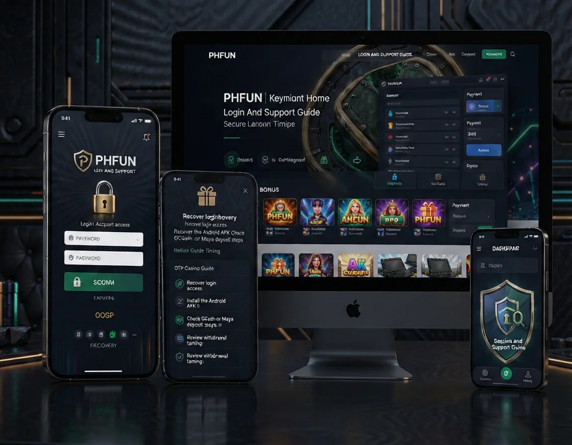 PHFUN Page: Home. Keyword: Home. H2: Login And Support Guide. Paragraph: Login And Support Guide Recover login access Install the Android APK Check GCash or Maya deposit steps Review withdrawal timing Main Guide Pages Casino Guide Compare Slots, Live Casino, Fishing, Bingo, Lottery, and other. List items: Recover login access, Install the Android APK, Check GCash or Maya deposit steps, Review withdrawal timing. Visual direction: secure account login with digital lock, password protection, OTP verification and mobile security.