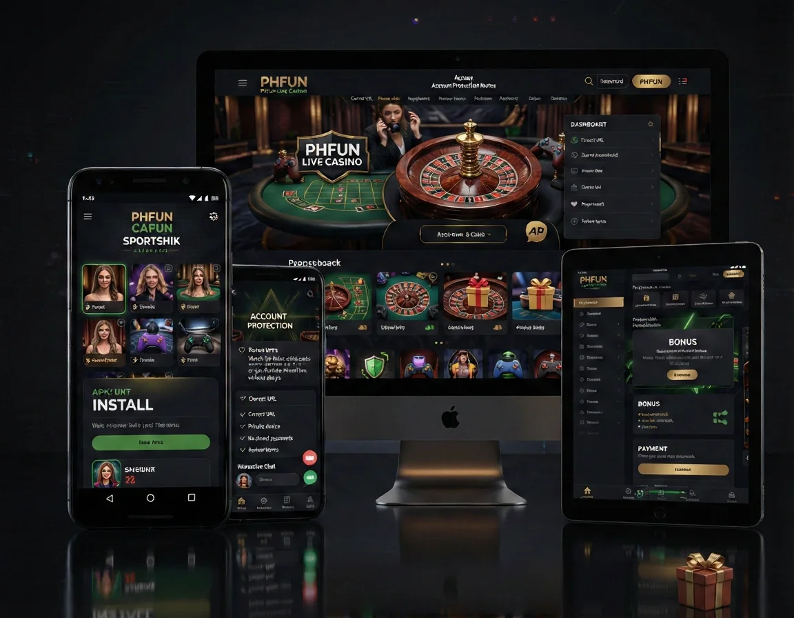 PHFUN Page: Phfun Live Casino. Keyword: Phfun Live Casino. H2: Account Protection Notes. Paragraph: Account Protection Notes Correct URL Private device No shared passwords Review terms Product And Game Areas Real-time Video Stream: Watch the dealer shuffle cards or spin the Roulette wheel live, without delays. Interactive Chat. List items: Correct URL, Private device, No shared passwords, Review terms. Visual direction: mobile app download and multi-platform access on smartphone, tablet and desktop gaming interface.